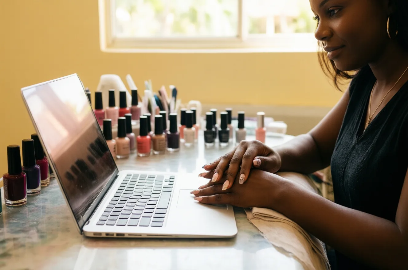 Une professionnelle consulte son ordinateur dans son atelier