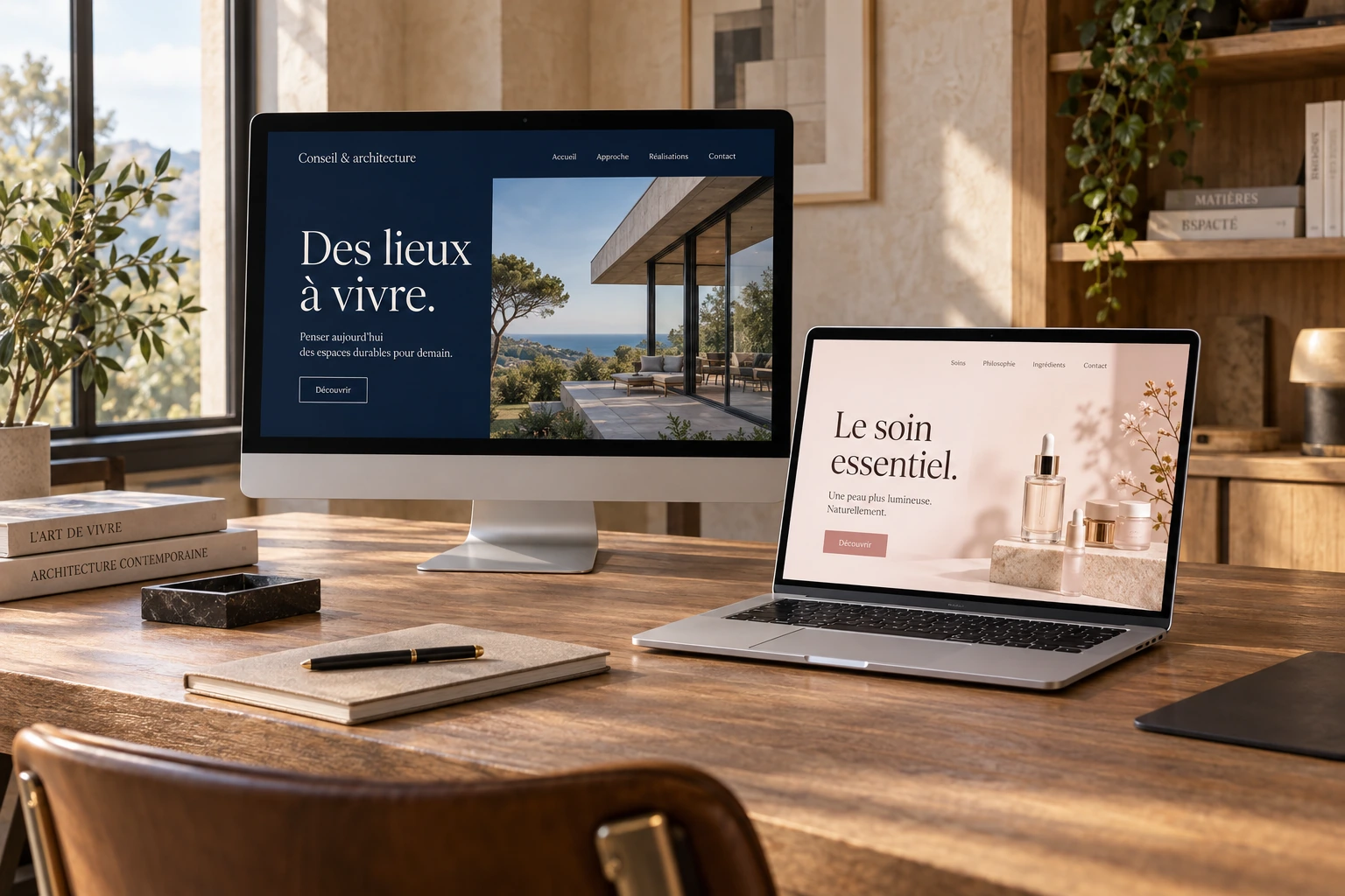 Deux sites clients aux identités distinctes, présentés sur des écrans entiers dans un intérieur aménagé