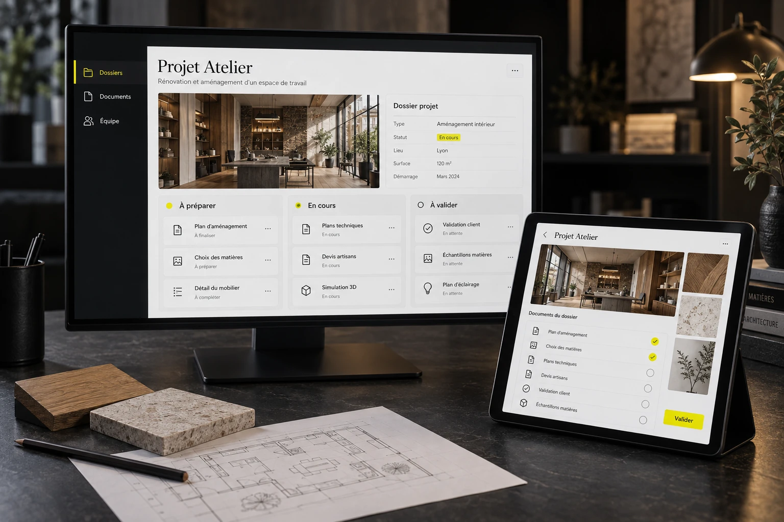 Illustration d’un logiciel sur mesure : dossier de projet, documents et validation sur écran et tablette