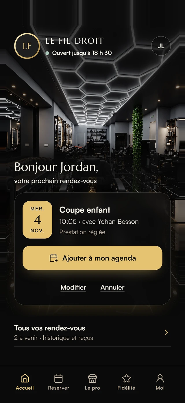 Espace client, barber : rendez-vous et historique