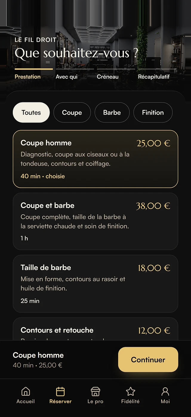 Réservation dans l’application client, barber