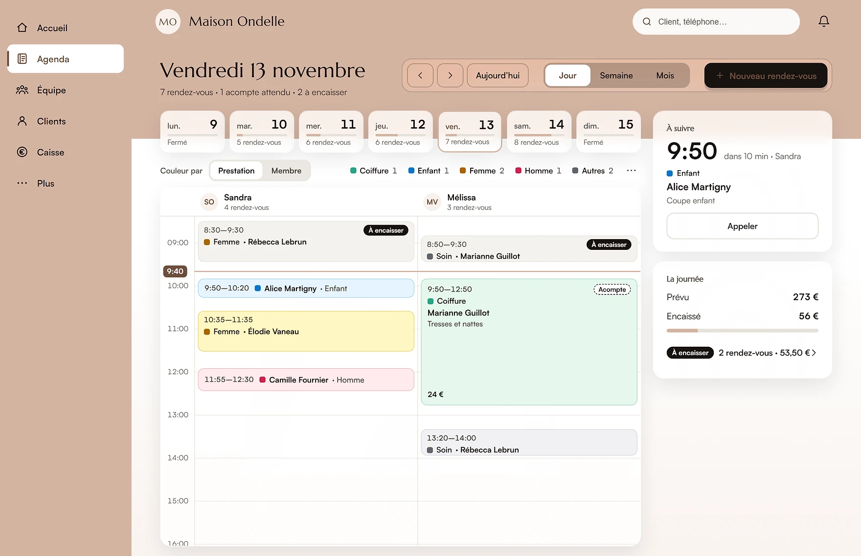 Agenda d’équipe d’un établissement de coiffure dans Step’in