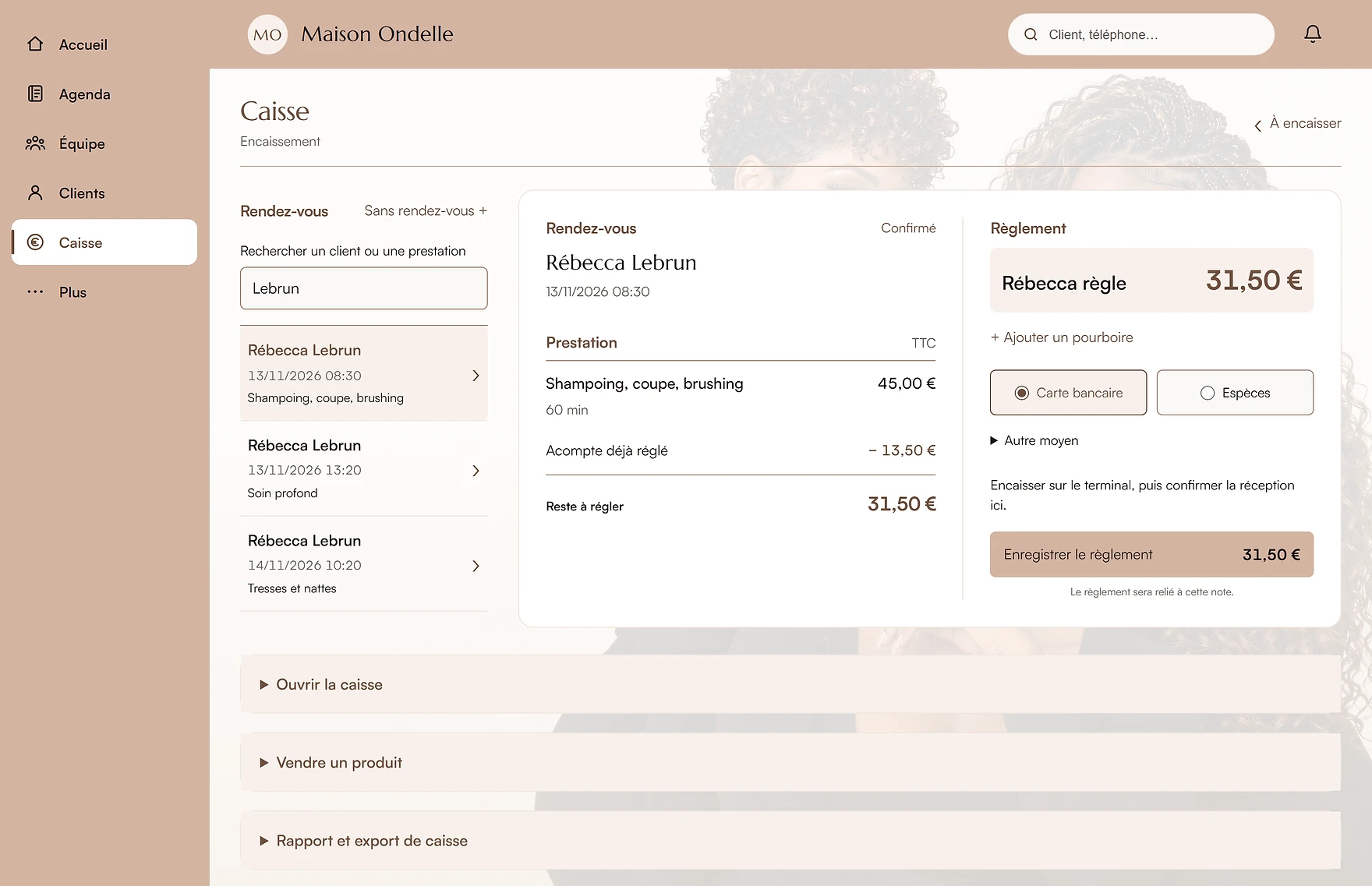 Caisse du logiciel de coiffure ANNAROZ
