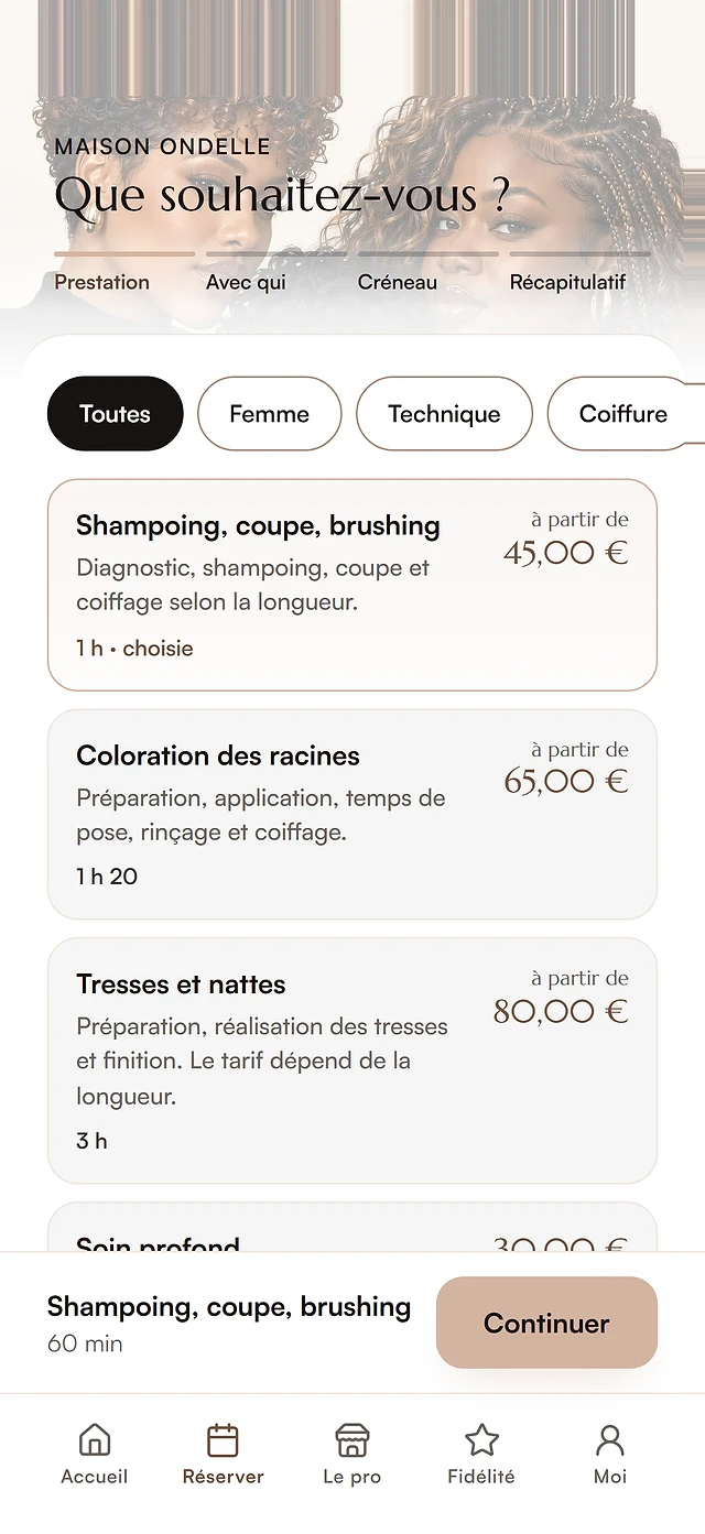 Réservation dans l’application client, coiffure