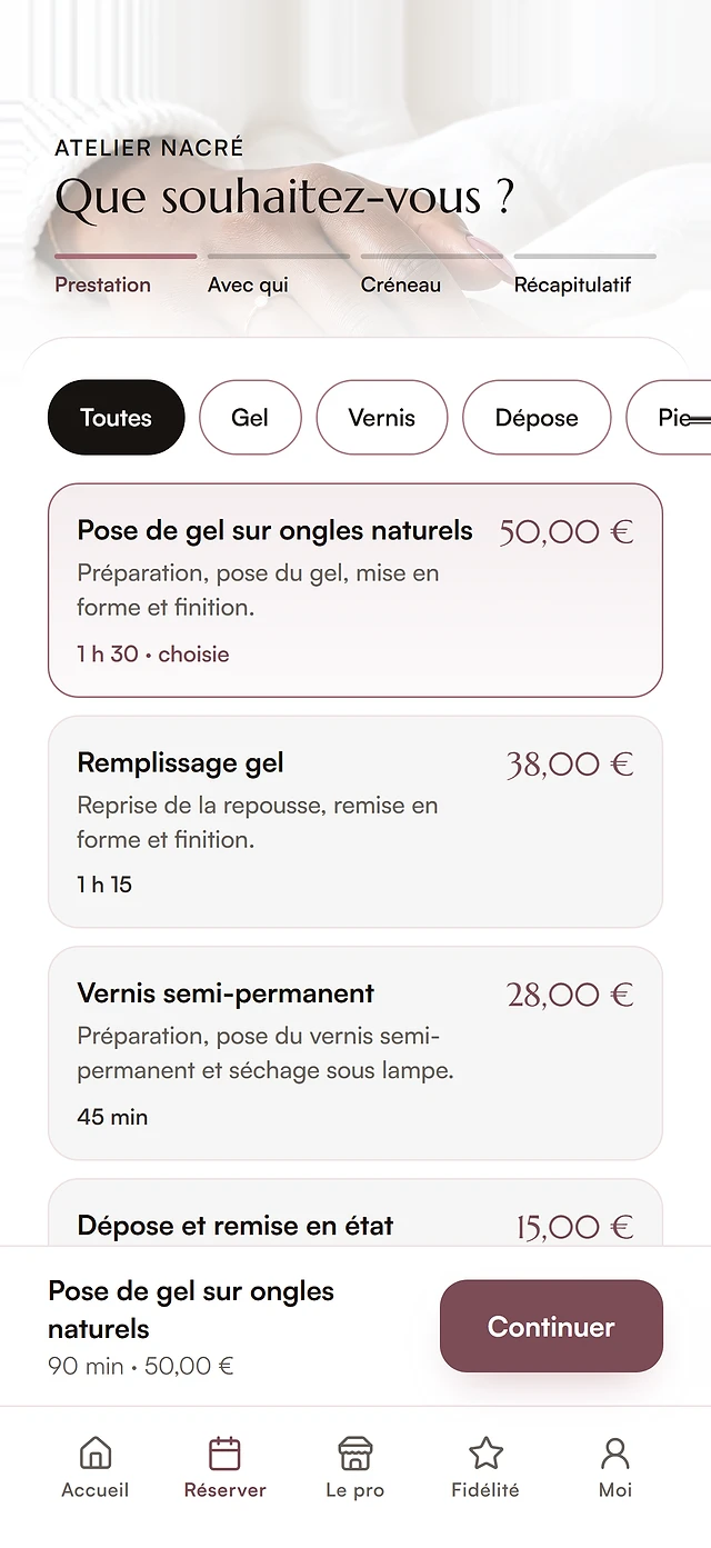 Réservation dans l’application client, institut de beauté