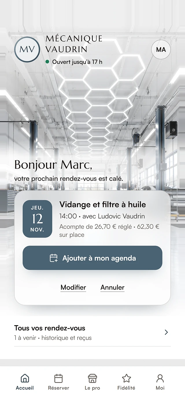 Espace client du garage : rendez-vous et historique