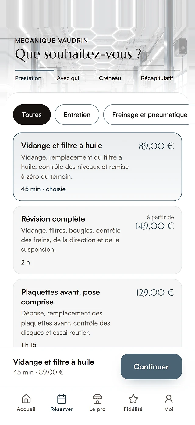 Réservation dans l’application client du garage