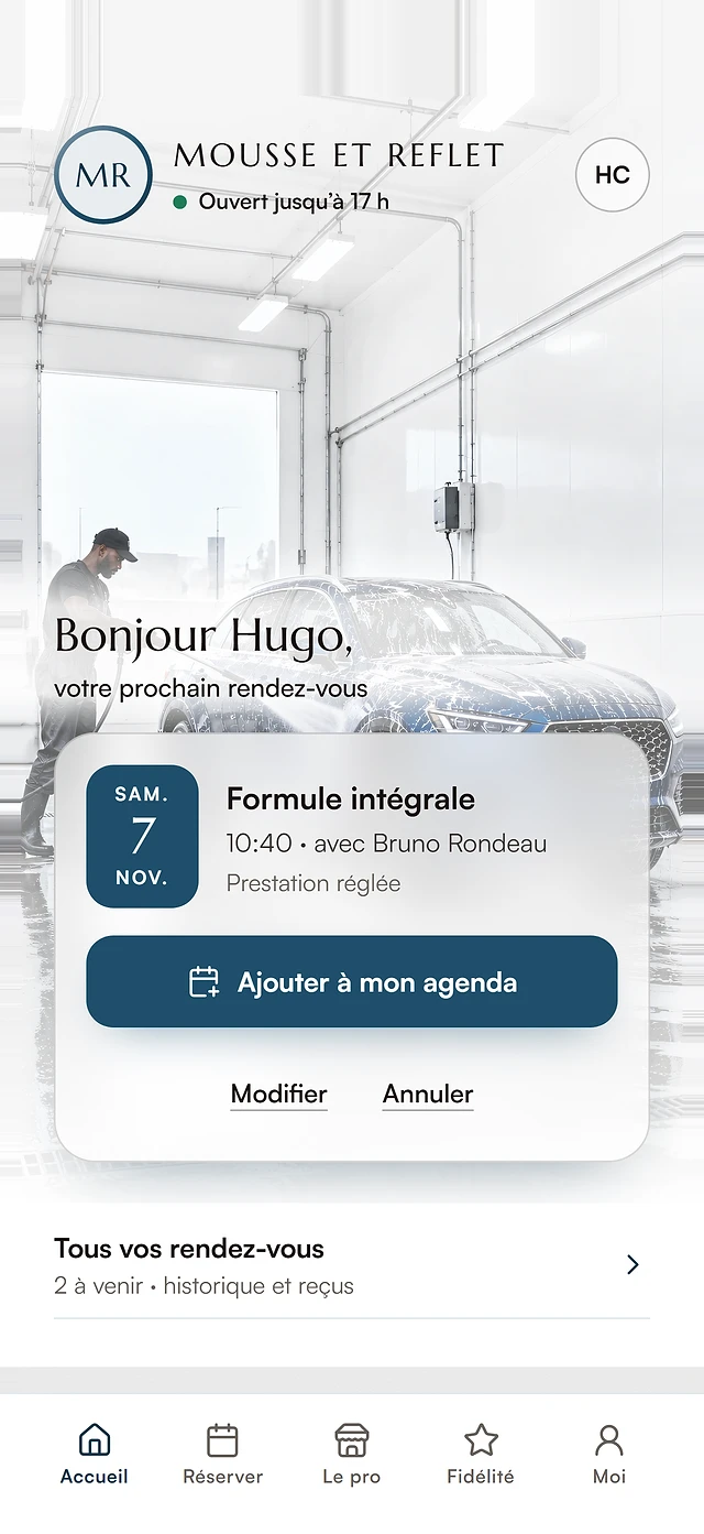 Espace client, lavage auto : rendez-vous et historique