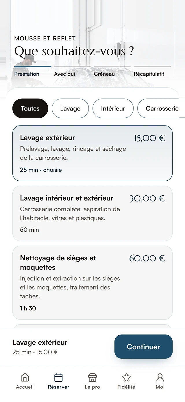Réservation dans l’application client, lavage auto