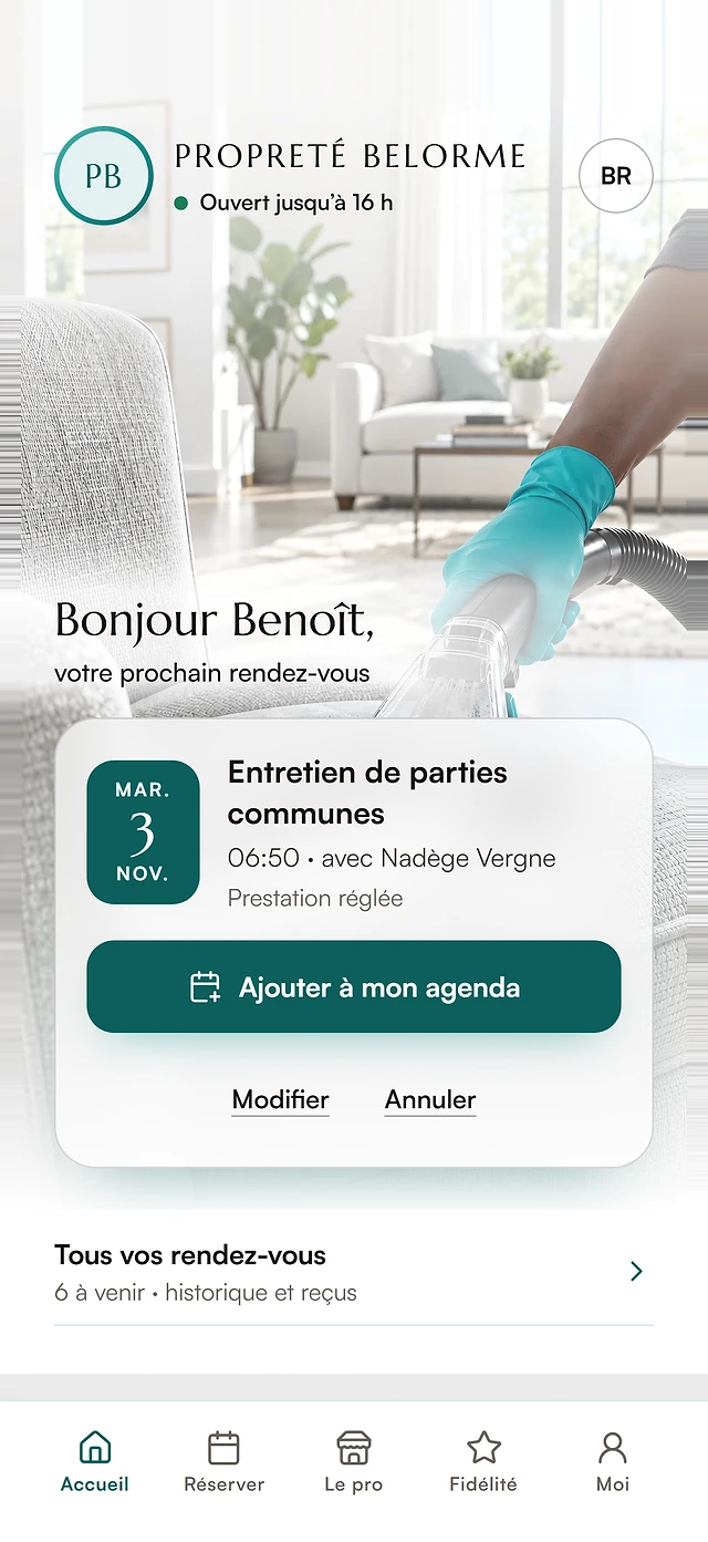 Espace client, nettoyage : interventions et historique