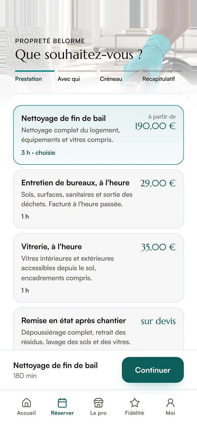 Réservation dans l’application client, nettoyage